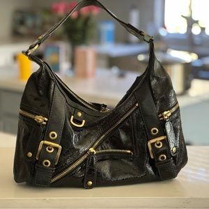 Rafe Black Patent Leather Handbag with Gold Hardware